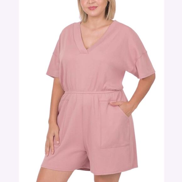 New Zenana Cotton Sleeveless V Neck Romper with Pockets Rose Pink Size 3X - Picture 1 of 8